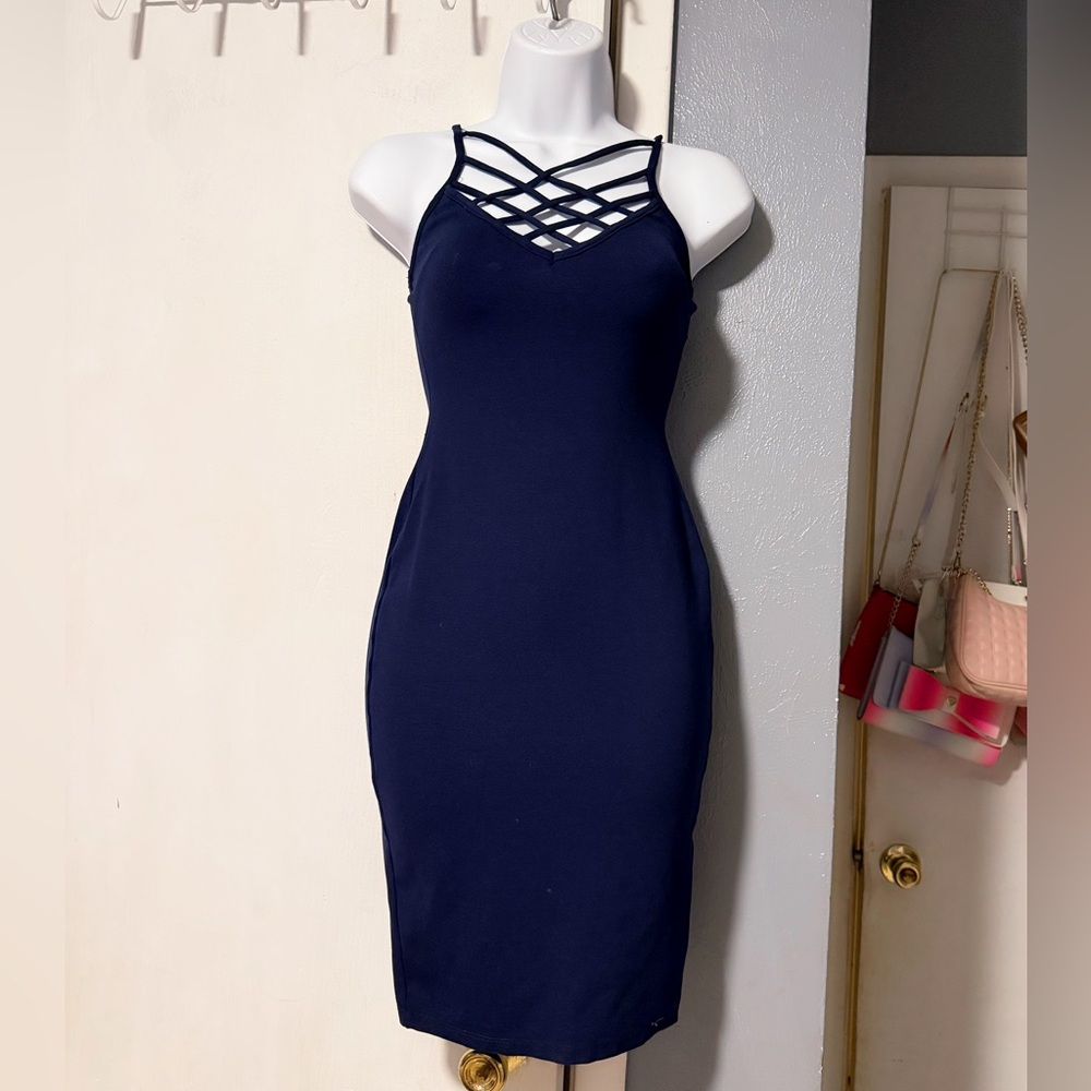 Windsor Navy Strappy Lattice Midi Bodycon Dress